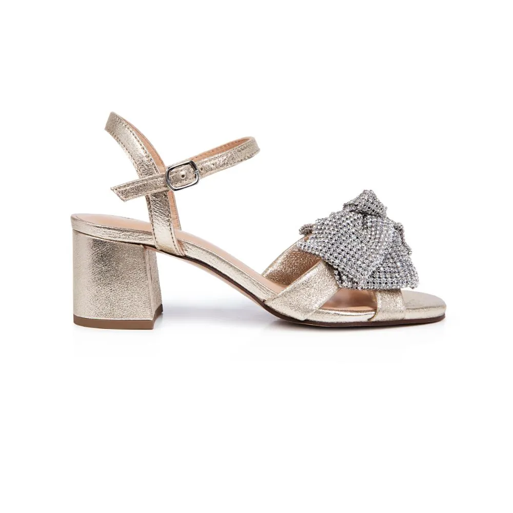 Abby: Gold Metallic & Diamante Bow Block Heel Sandals