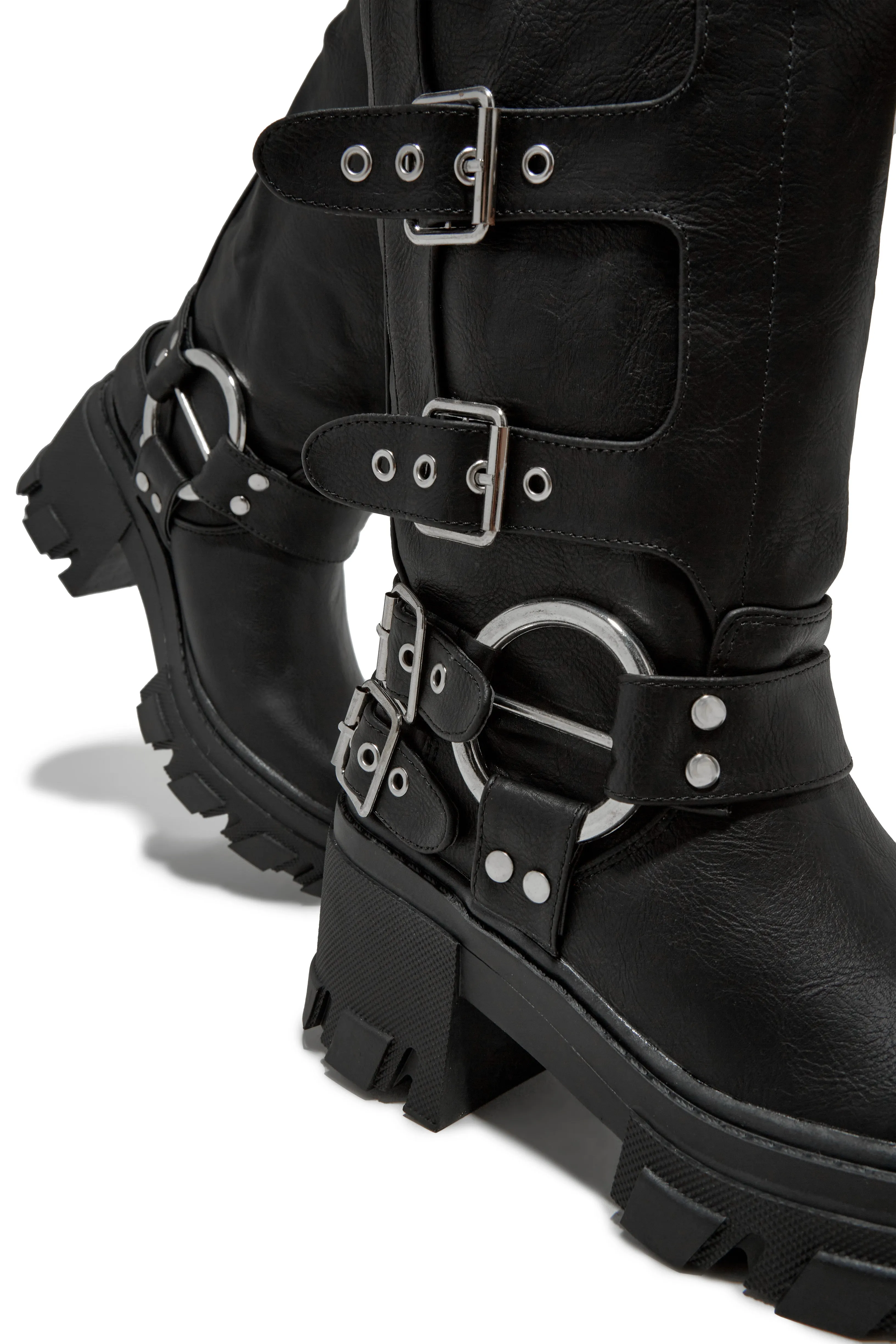 Alix Knee High Buckle Combat Boots - Black