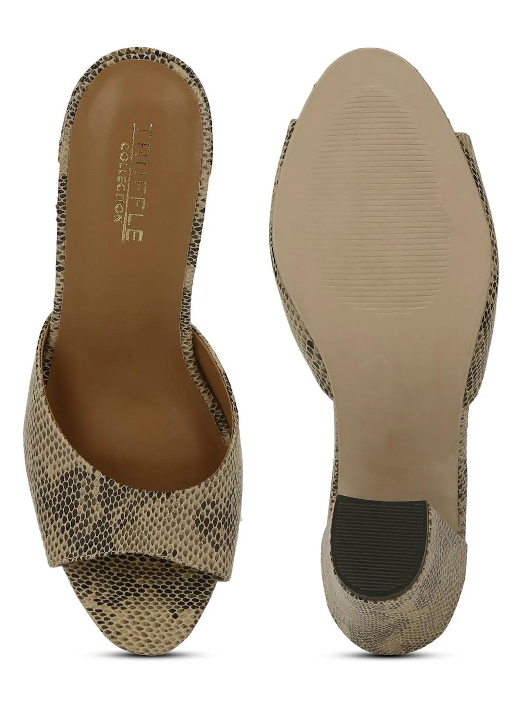 Beige PU Snake Peep Toe Mules