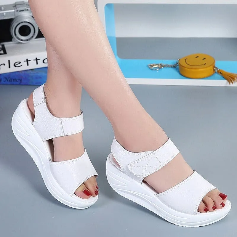 Black Leather Platform Casual Velcro Sandals for Students