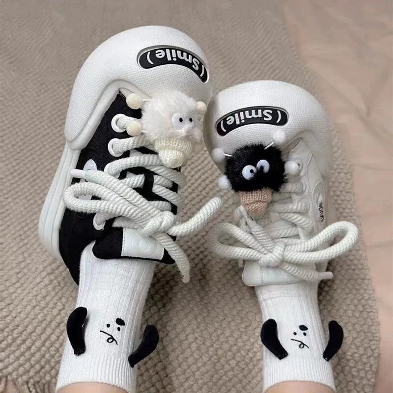 Casual Black & White Canvas Sneakers, Cute Round Head Unisex Shoes, Thick Shoe Lace with Charms Sneakers for Men and Women, Everyday Flats