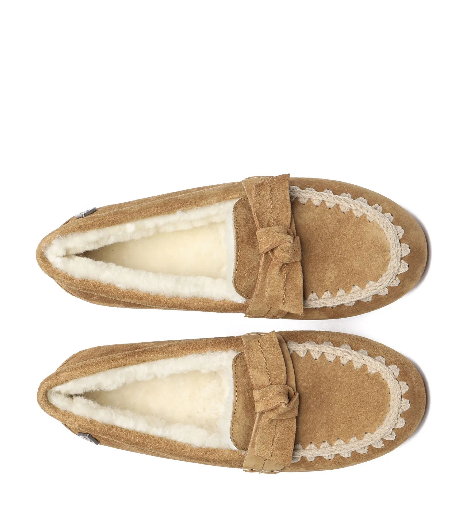 EVERAU Sheepskin Wool Bow Ankle Slippers – Woven Moccasins EA1021