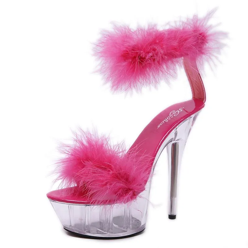 Fluffy Pink Fur Stiletto Heel Sandals with Transparent Platform