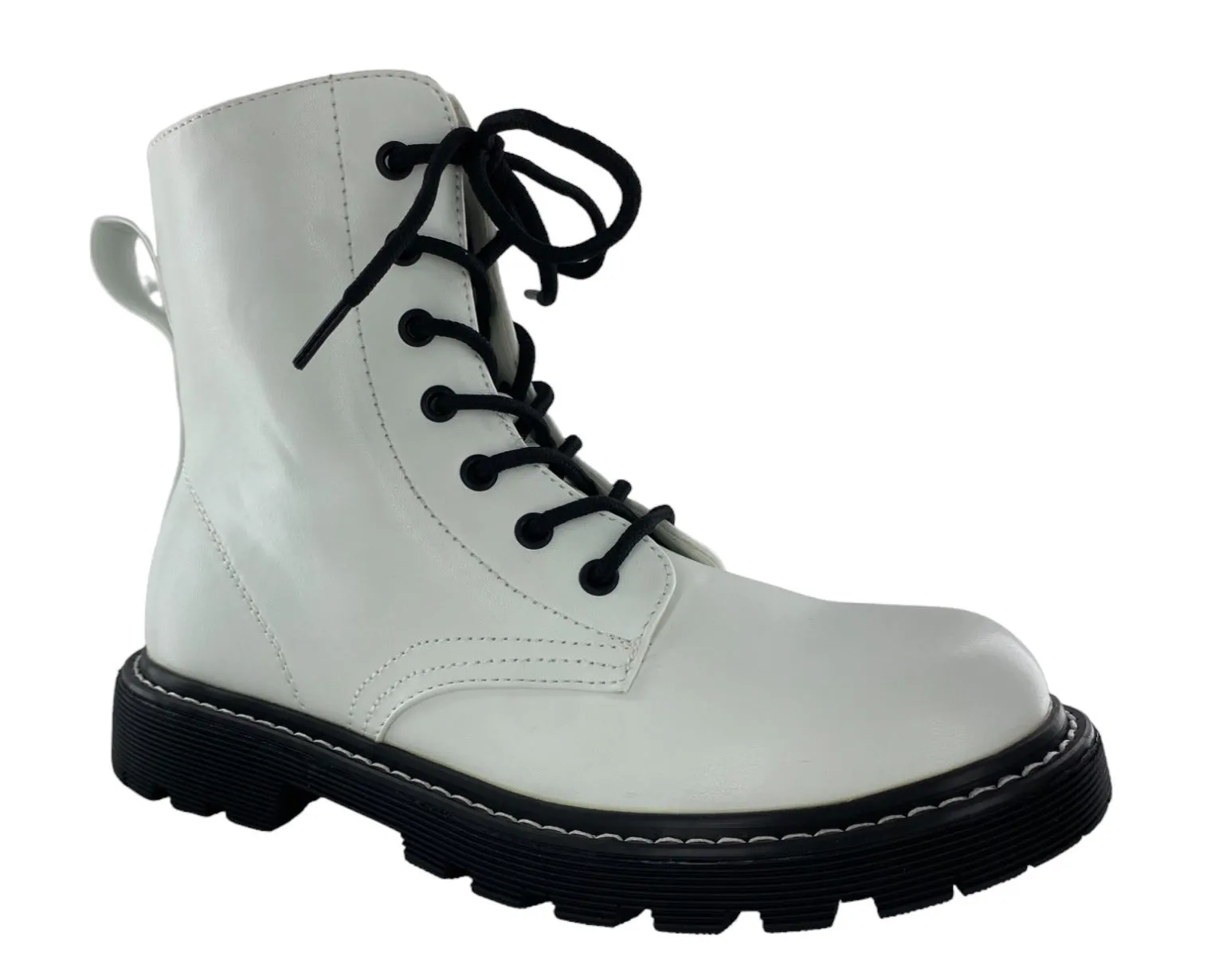 Gotta Flurt Women's Lori White Faux Leather Combat Boot With Side Zipper