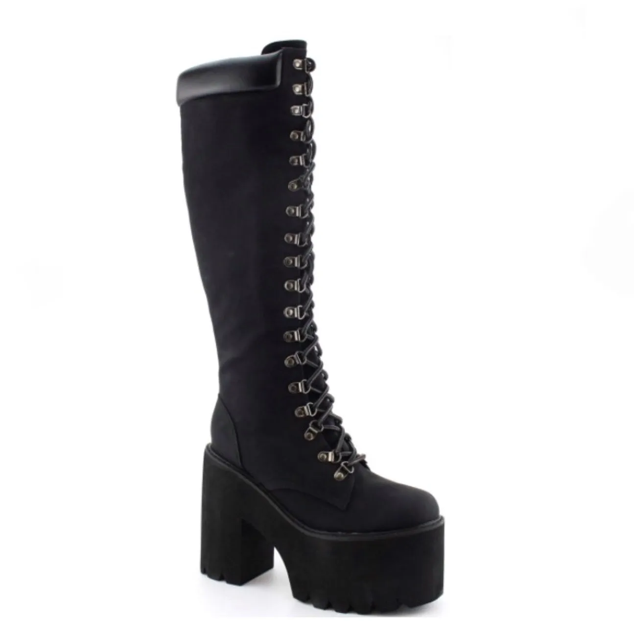 HOPE-02 Black - Black Faux Leather - Knee-High Boot - Combat Styling