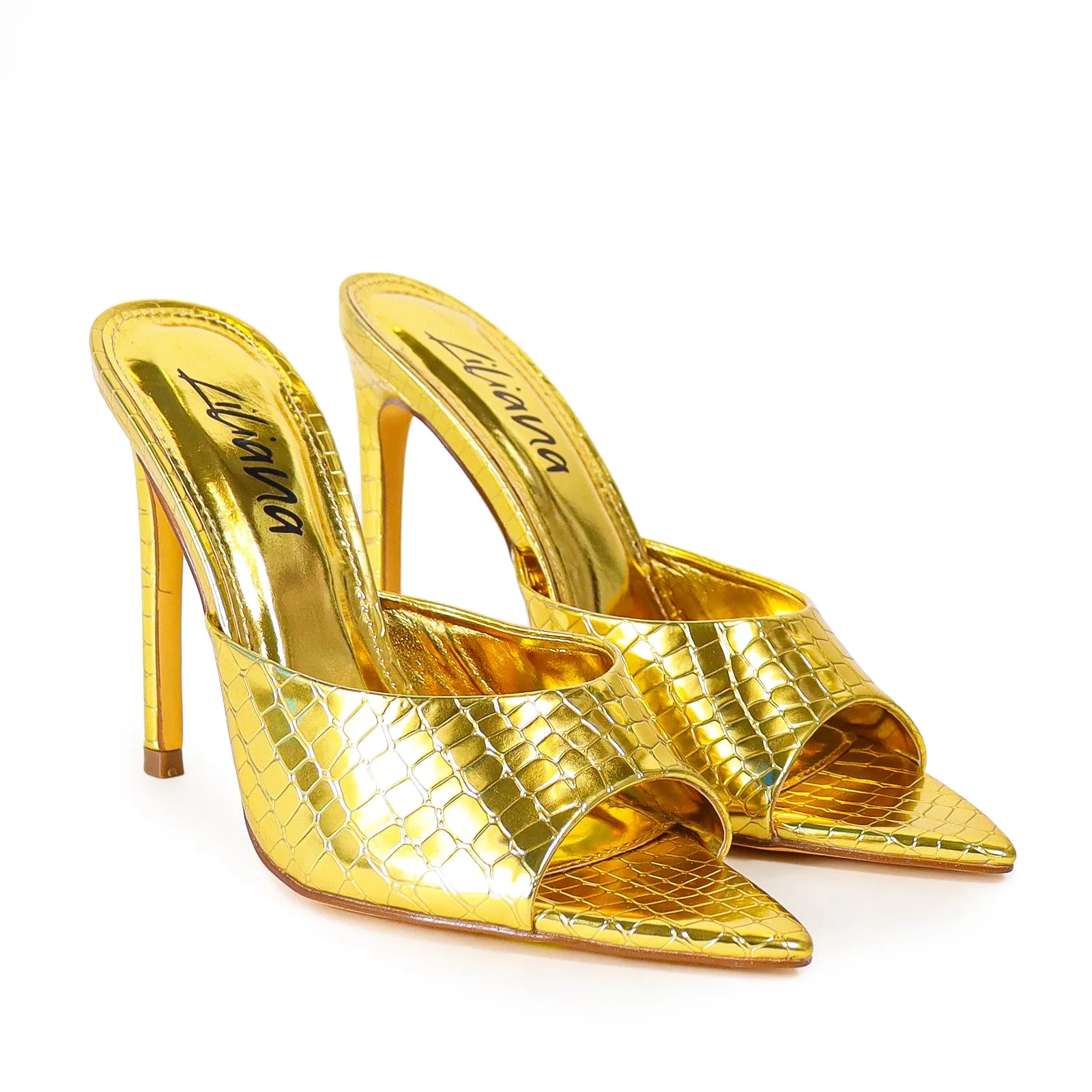 LAURENT-43 POINTED MULE PATENT STILETTO HIGH HEEL - GOLD