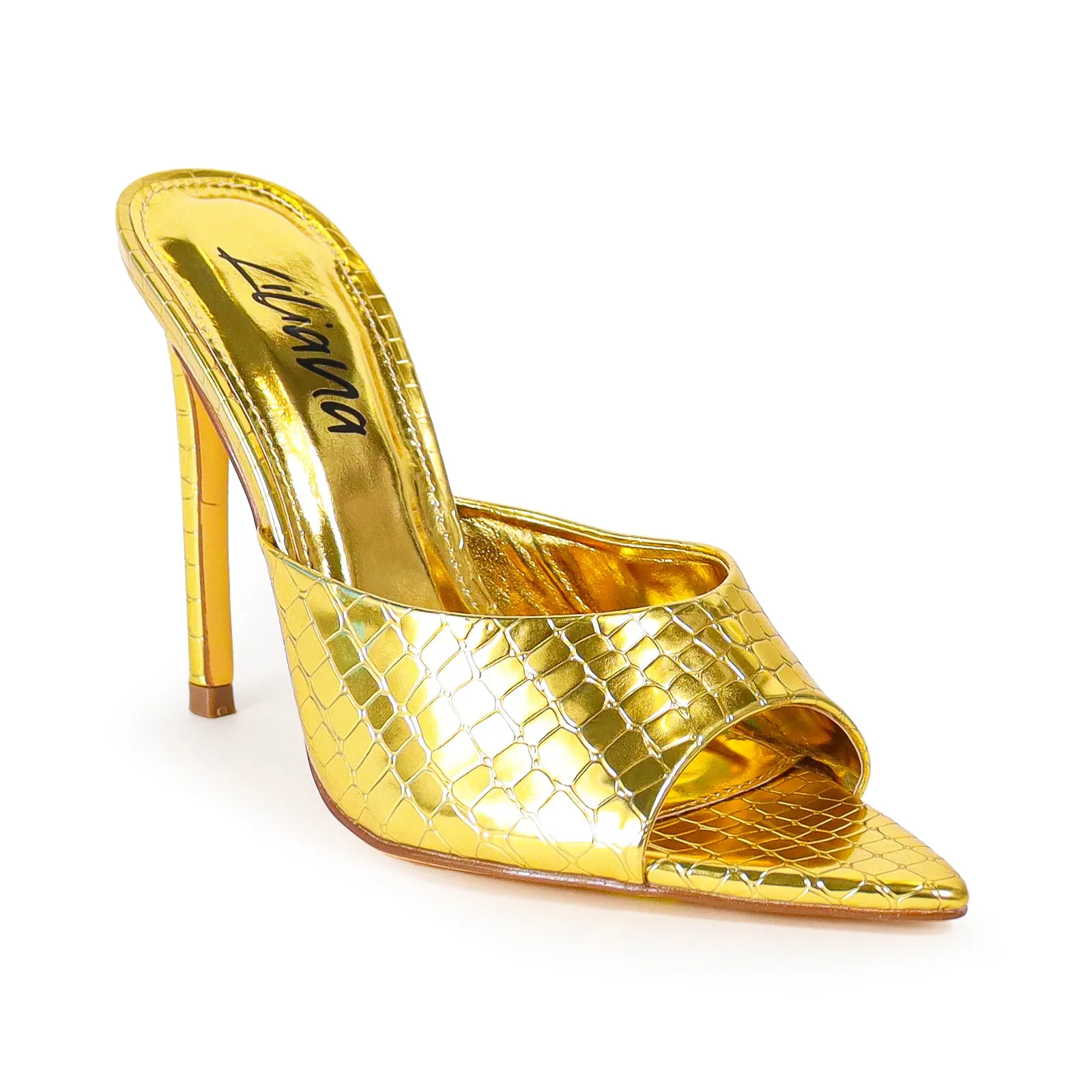 LAURENT-43 POINTED MULE PATENT STILETTO HIGH HEEL - GOLD