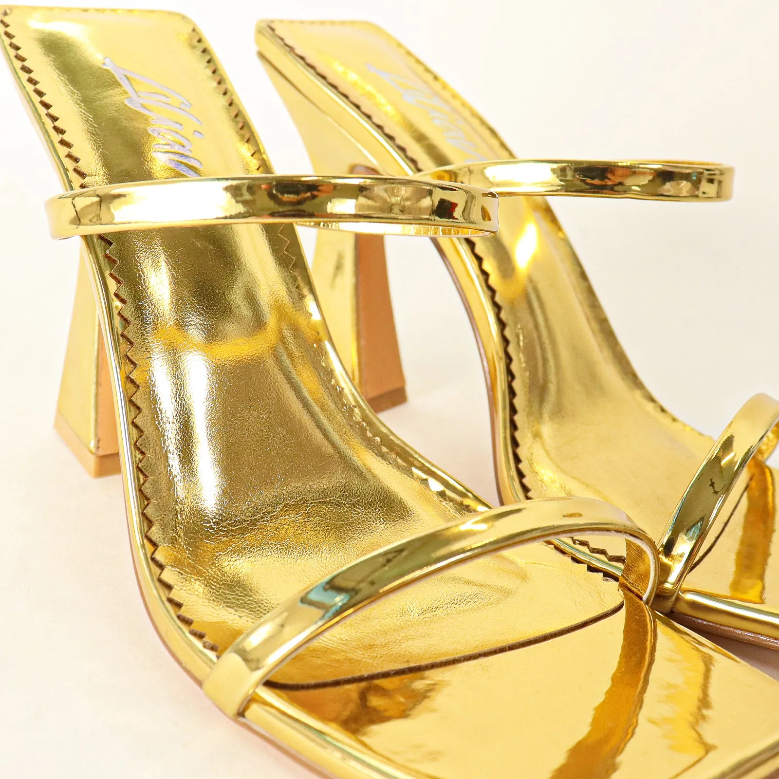 MICHAELA-1 SQUARED STRAPPY TRAPEZOID HIGH HEELS - GOLD