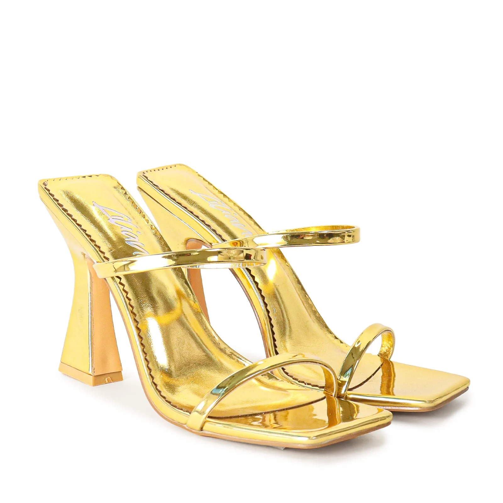 MICHAELA-1 SQUARED STRAPPY TRAPEZOID HIGH HEELS - GOLD