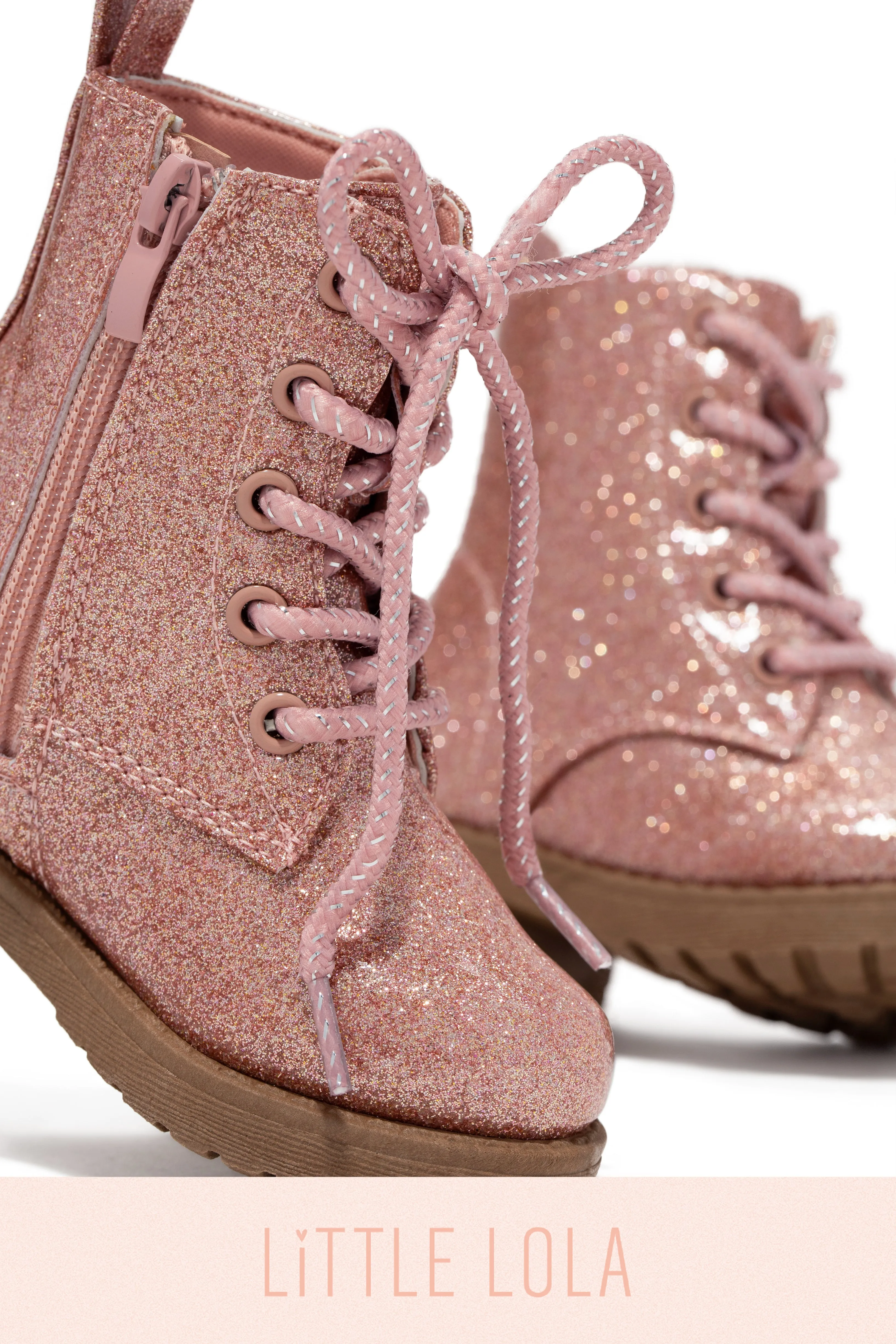 Mini Attitude Kids Glitter Lace Up Combat Boots - Pink