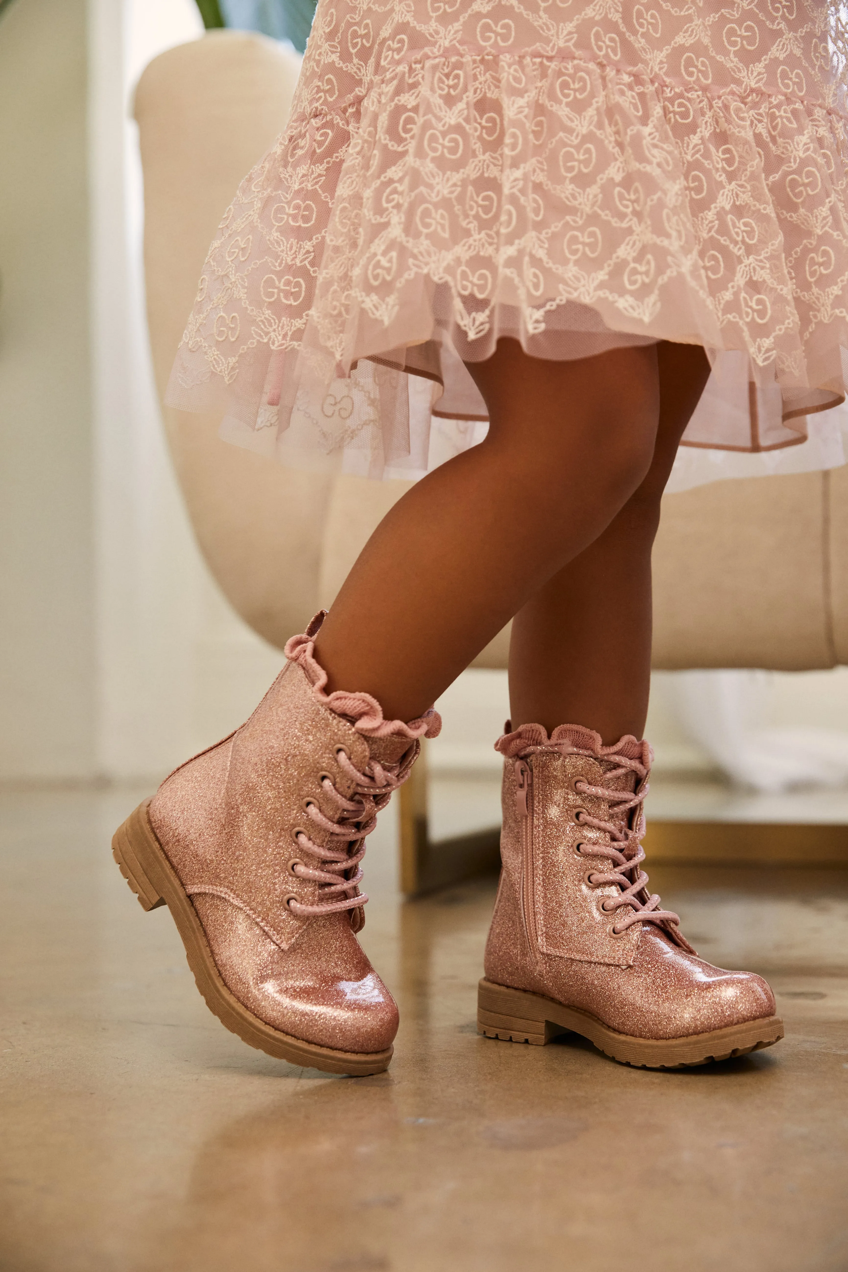 Mini Attitude Kids Glitter Lace Up Combat Boots - Pink