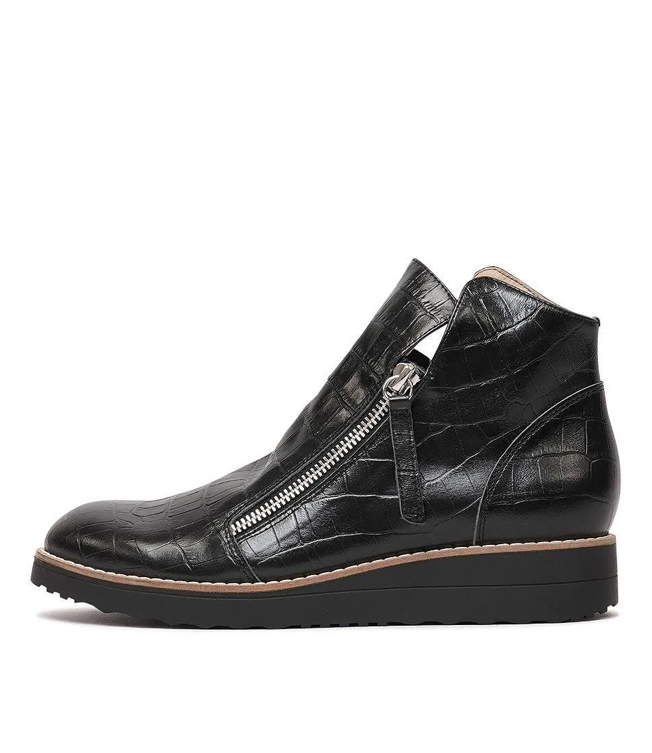 Ohmyes Black Croc Leather Ankle Boots