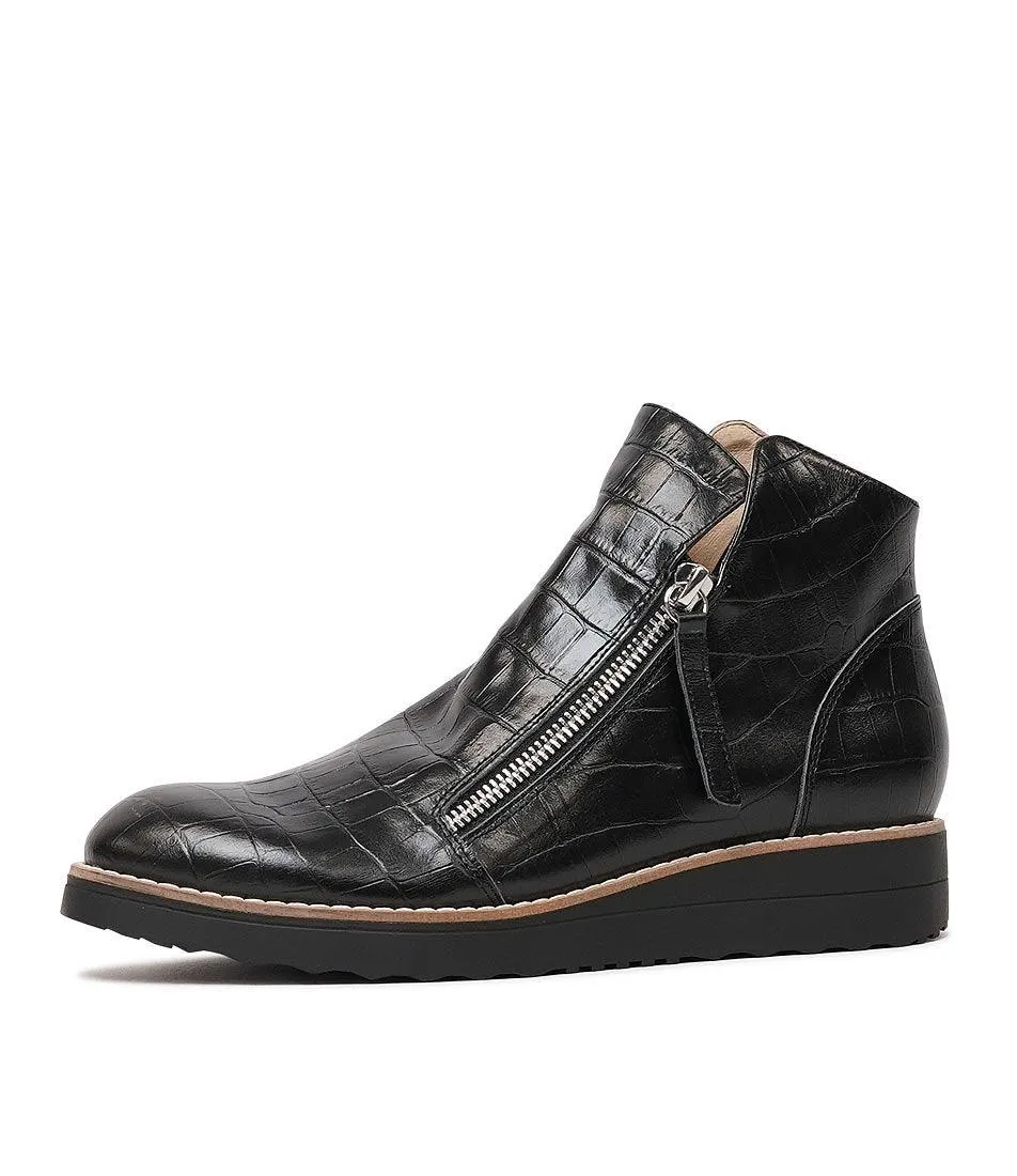 Ohmyes Black Croc Leather Ankle Boots