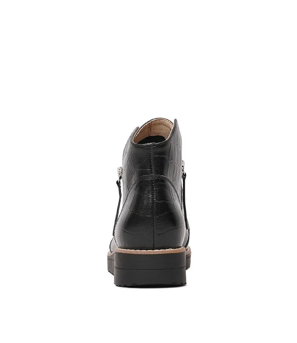 Ohmyes Black Croc Leather Ankle Boots