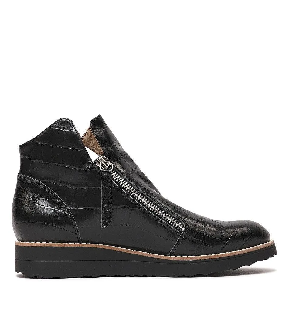 Ohmyes Black Croc Leather Ankle Boots