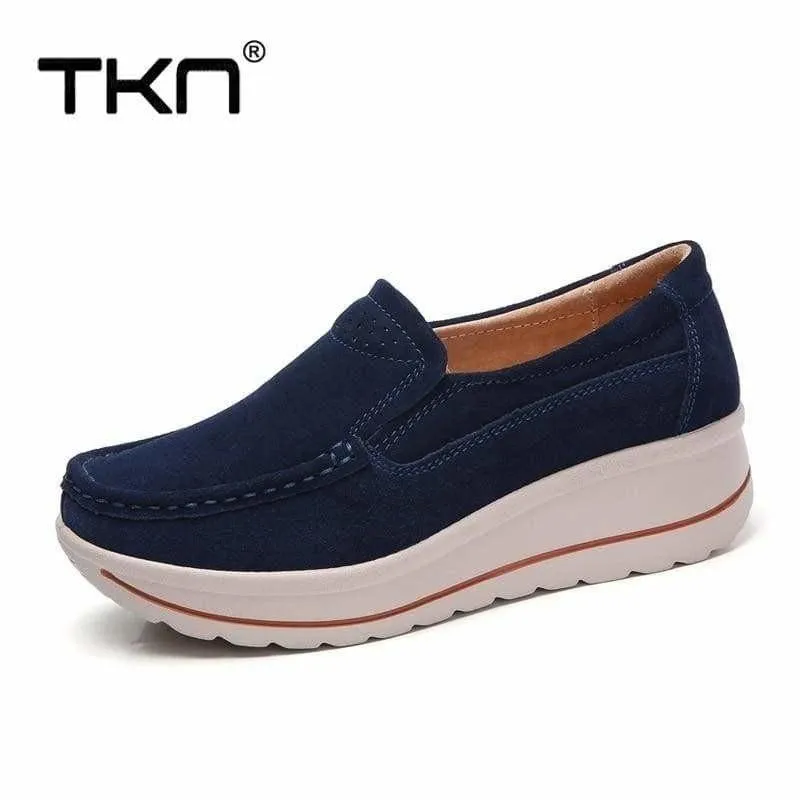 Platform Sneakers Leather Suede Slip on Flats