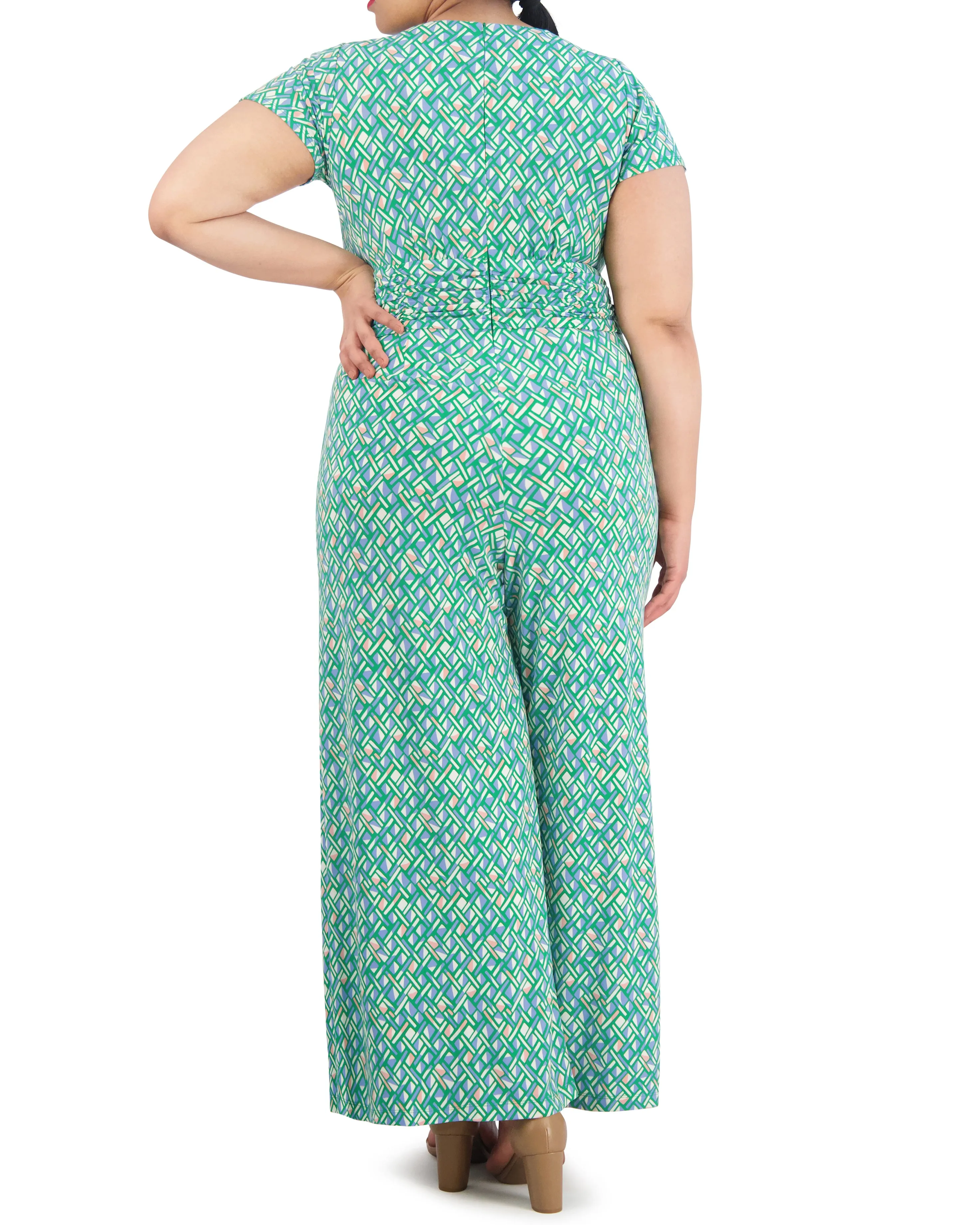 Plus-Size Printed Twist-Front Flared-Leg Jumpsuit