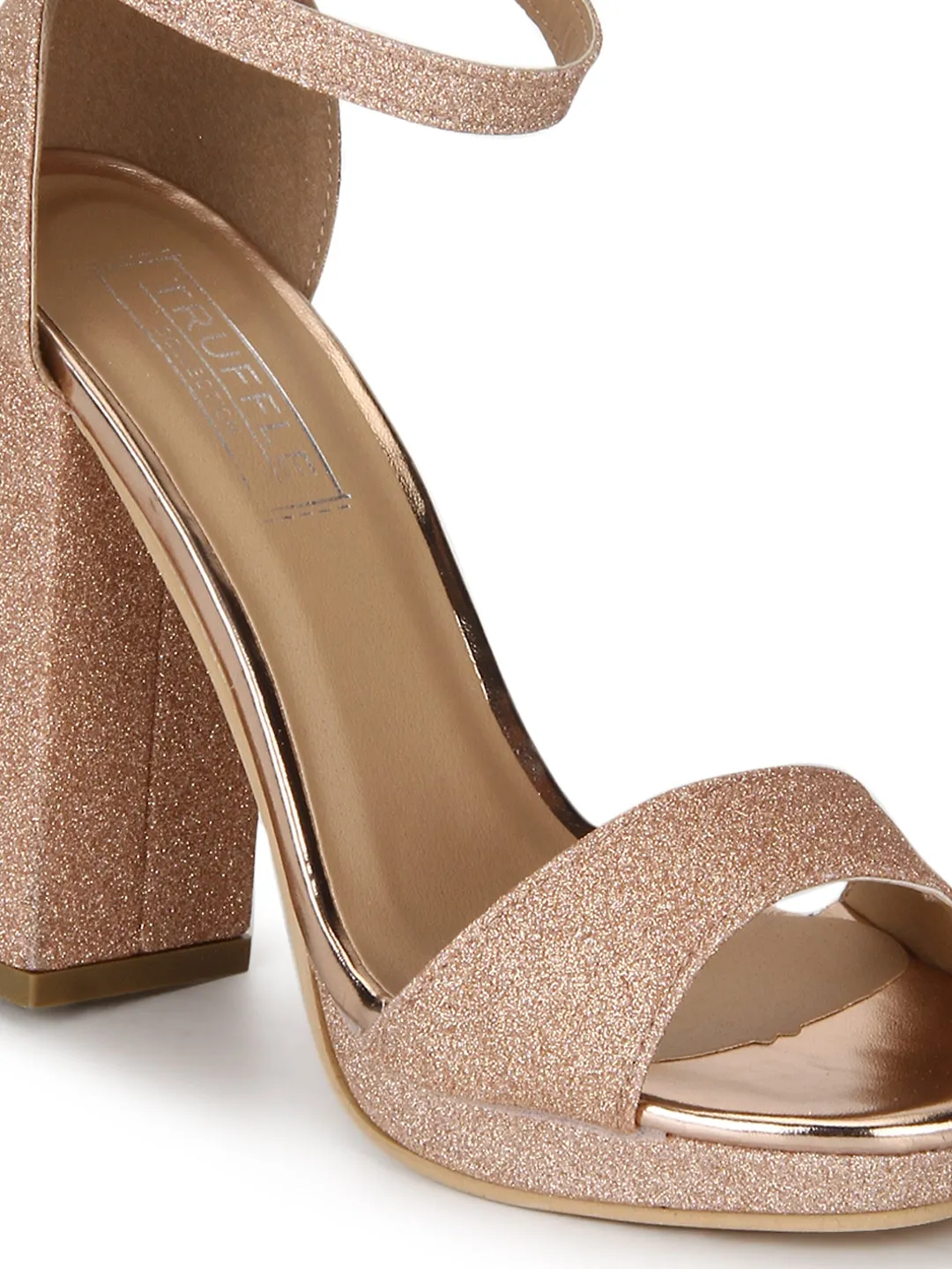 Rose Gold Glitter Pumpped Ankle Strap Block Heels