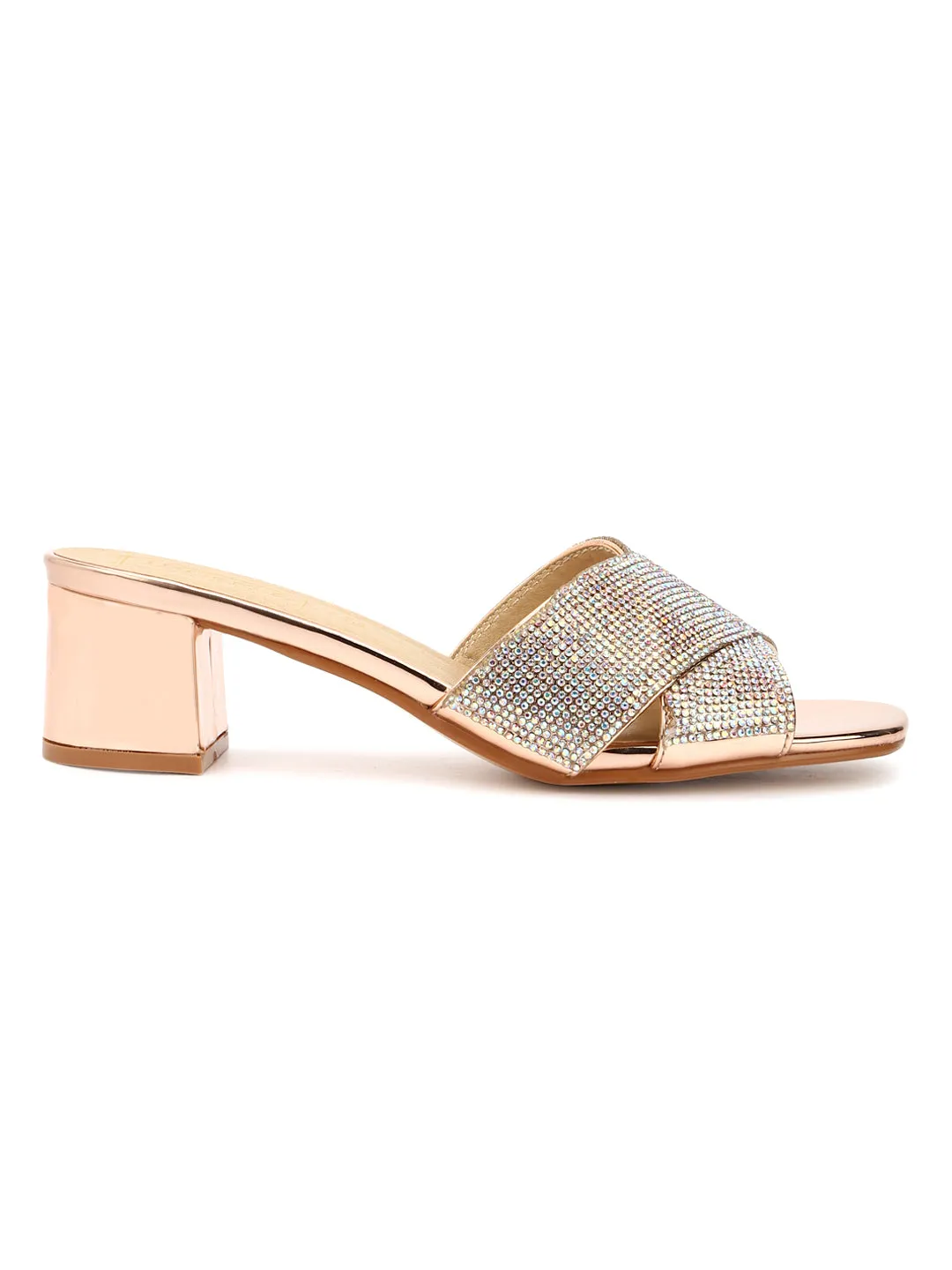 Rose Gold Mirror Crossover Low Block Heels