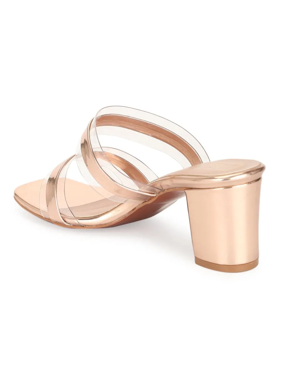 Rosegold Patent Perspex Clear Block Heel Mules