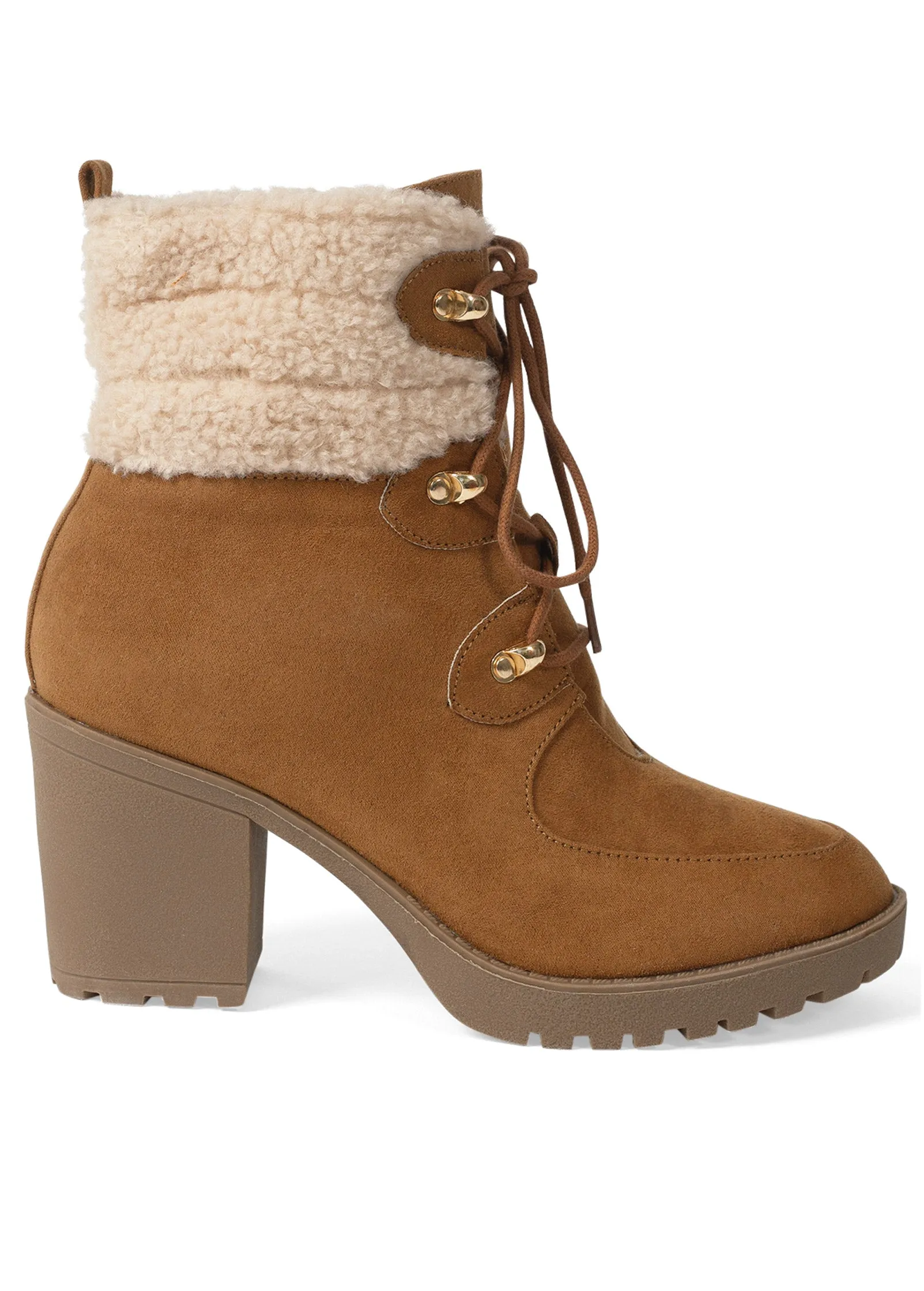 Sherpa Lace-Up Booties - Tan