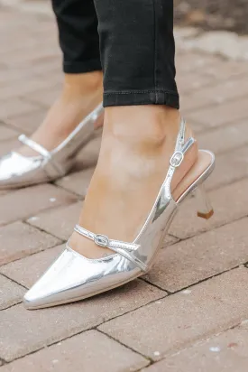 Sleek Silver Buckle Detail Slingback Heels