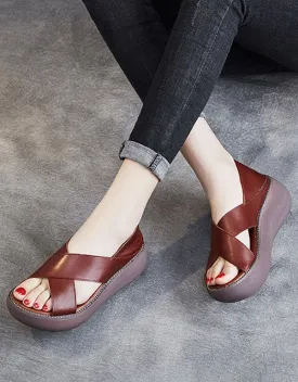 Summer Retro Leather Slip On Platform Sandals