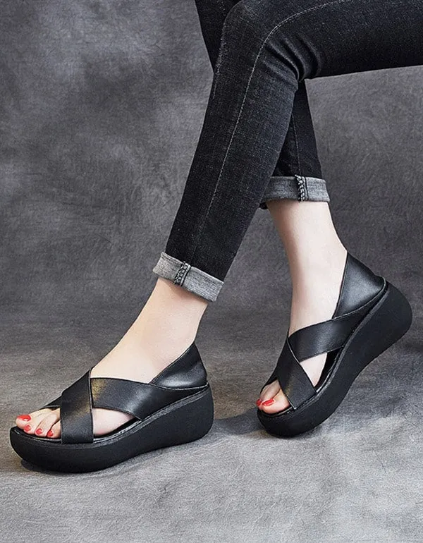 Summer Retro Leather Slip On Platform Sandals