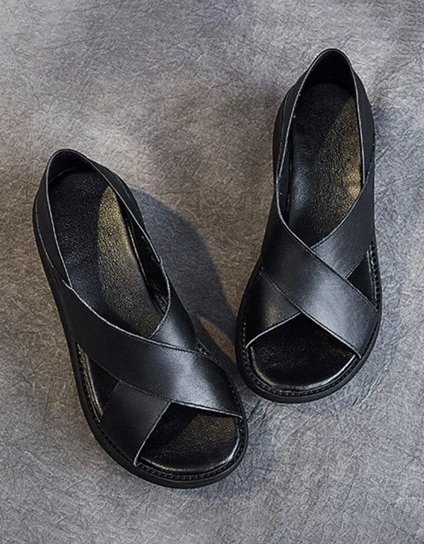 Summer Retro Leather Slip On Platform Sandals