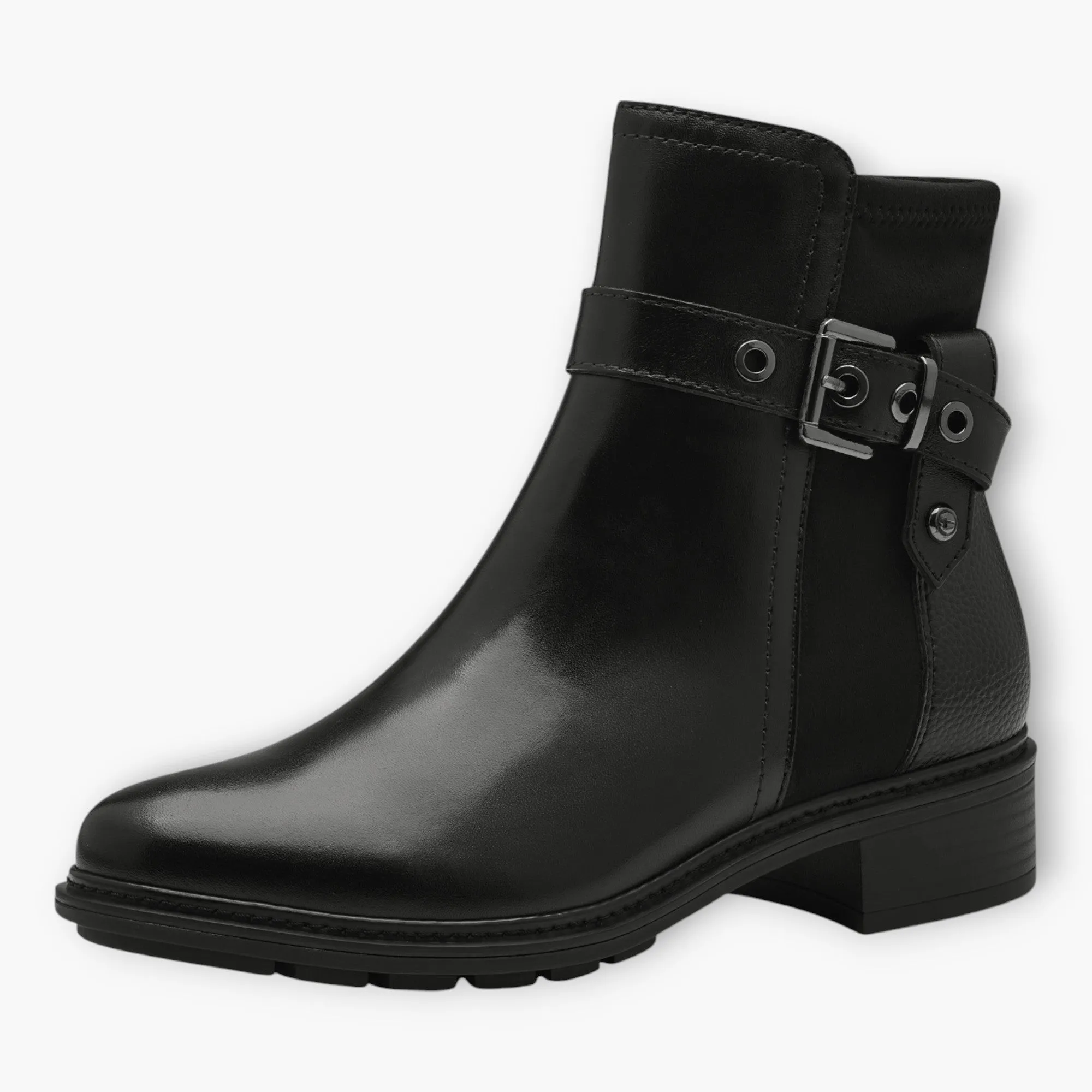 Tamaris Black Ankle Boots with Block Heel and Buckle Detail