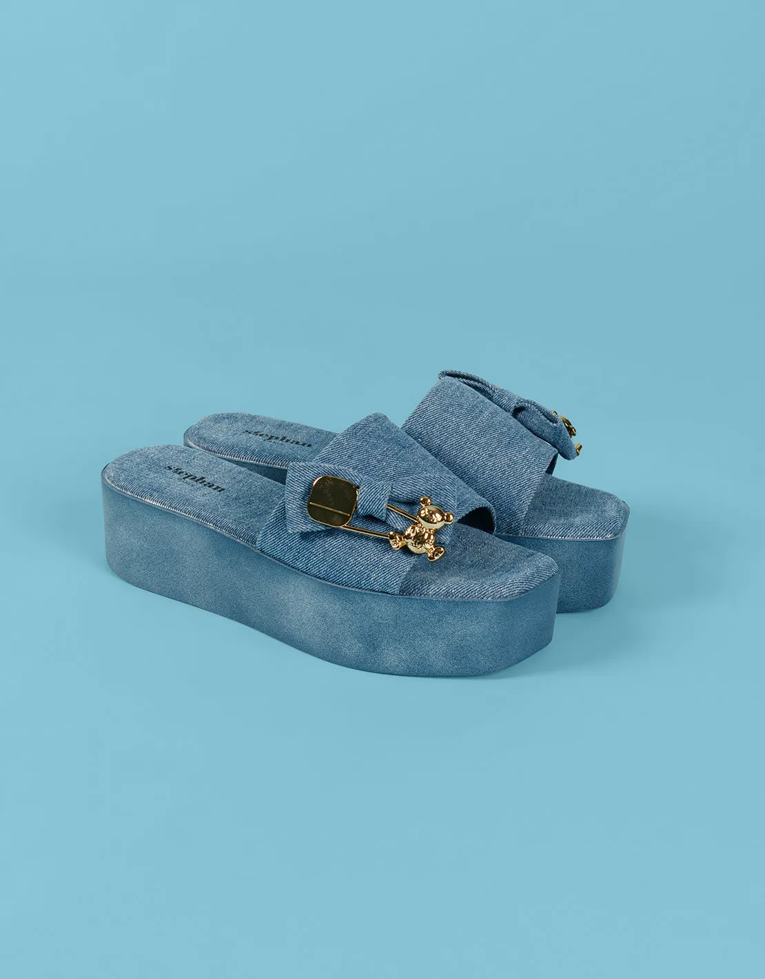 Teddy buckle denim platform sandals