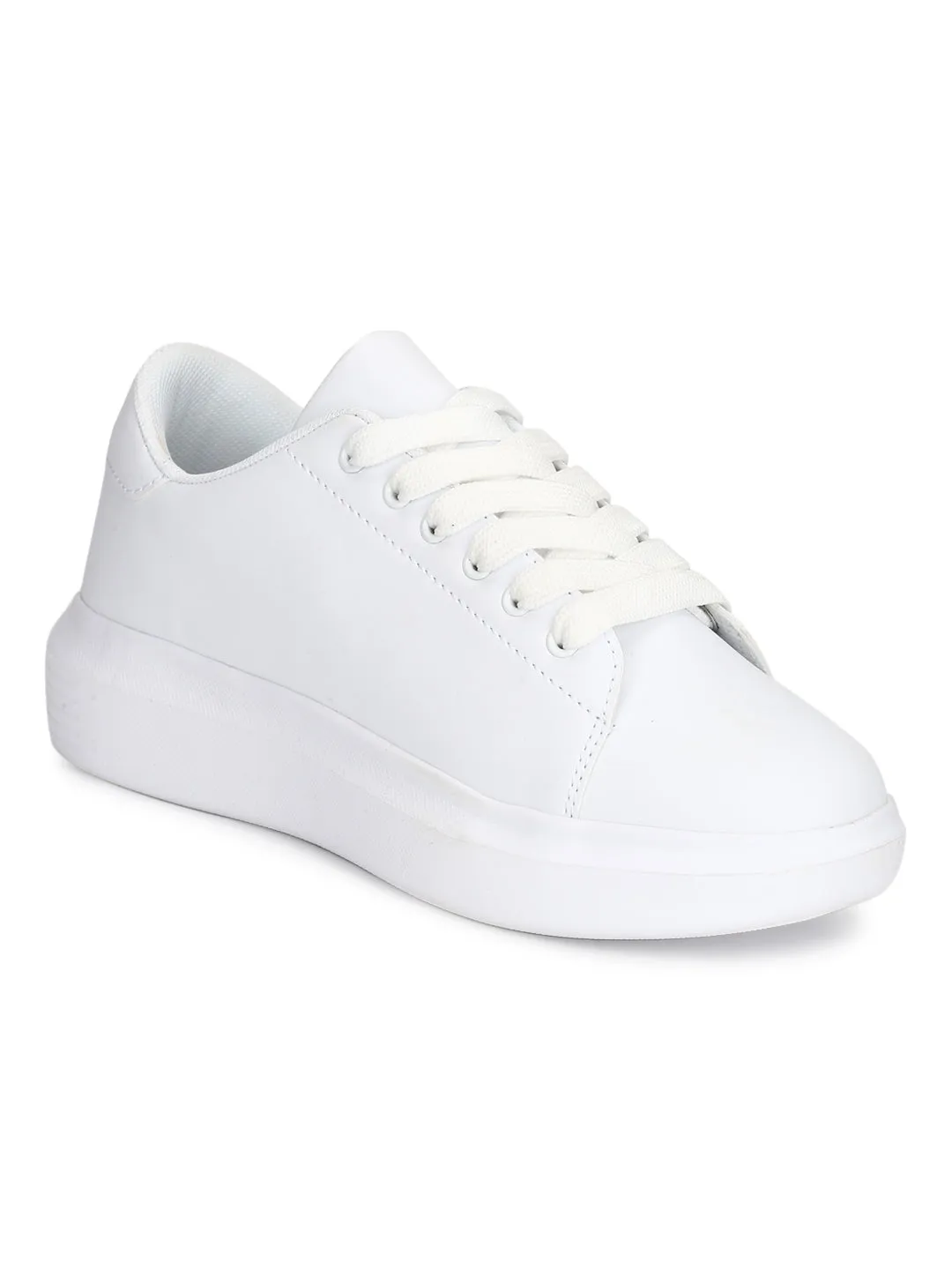 Total White PU Lace-up Platform Sneakers