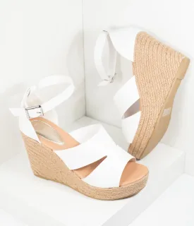 White Leatherette Espadrille Wedge Sandals