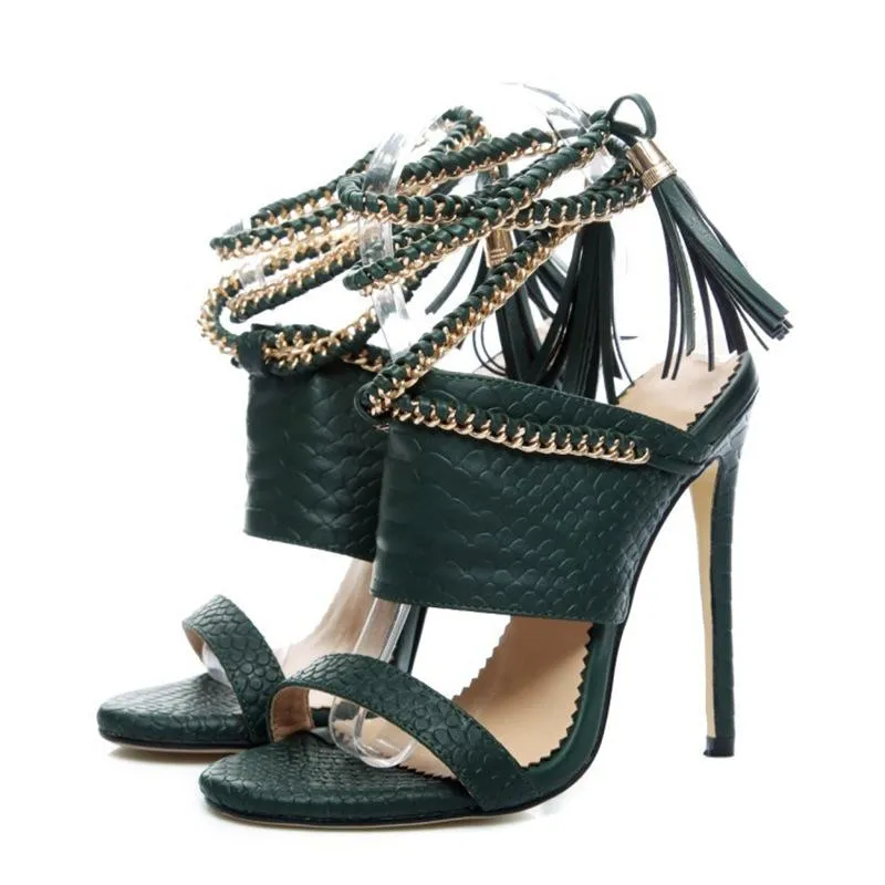 Women chain strappy lace up fringe stiletto heels