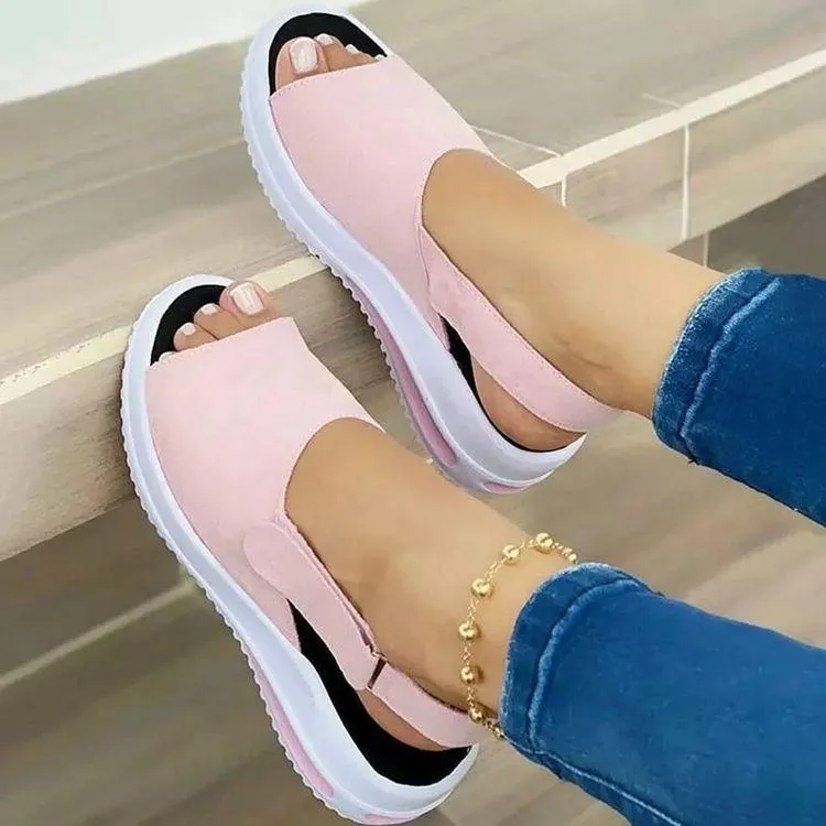 Women peep toe ankle strap magic tape chunky wedge sandals