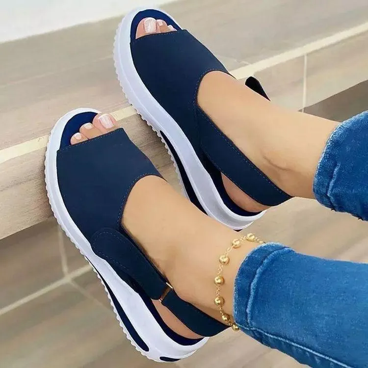 Women peep toe ankle strap magic tape chunky wedge sandals