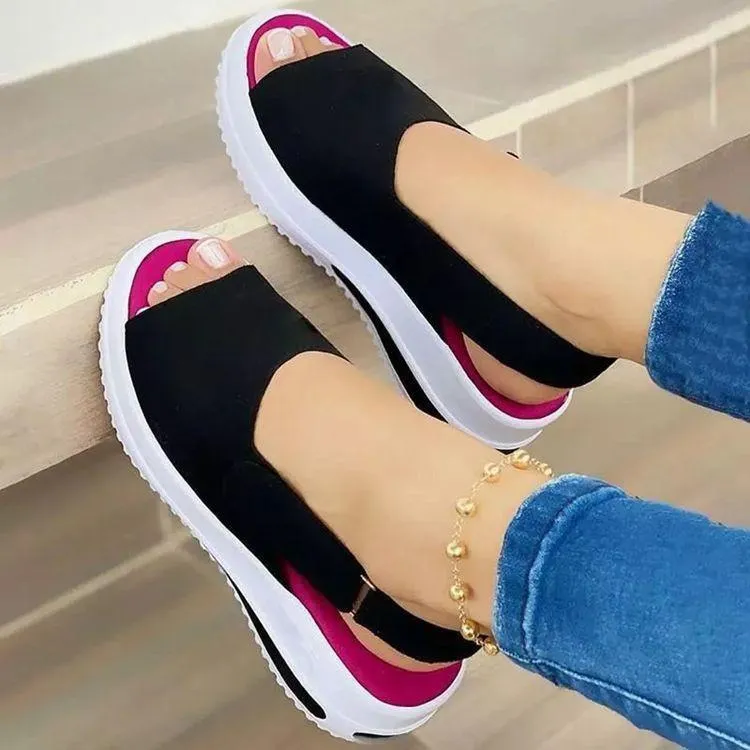 Women peep toe ankle strap magic tape chunky wedge sandals