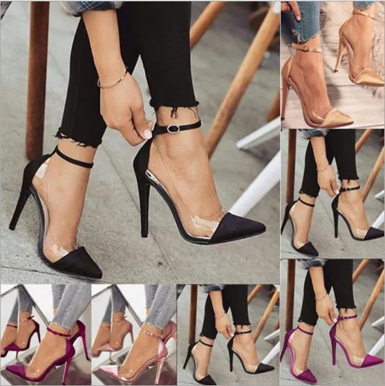 Women pointed toe clear buckle stiletto ankle strap heels