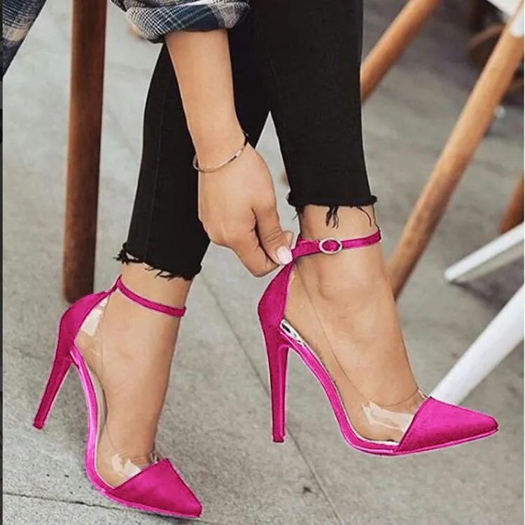 Women pointed toe clear buckle stiletto ankle strap heels