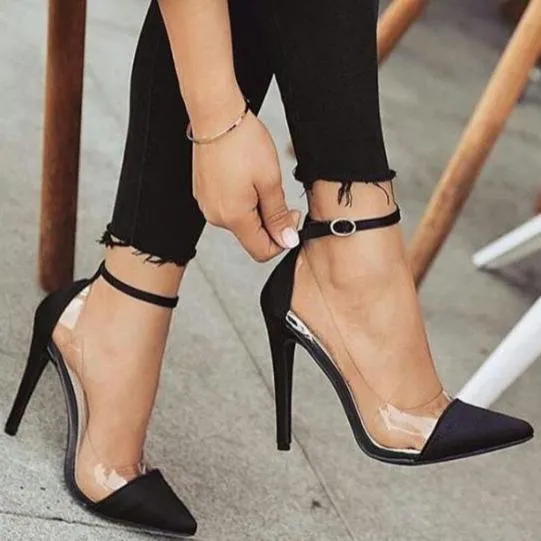 Women pointed toe clear buckle stiletto ankle strap heels