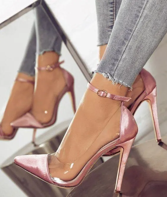 Women pointed toe clear buckle stiletto ankle strap heels