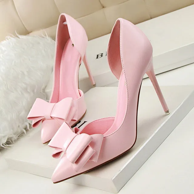 Women Pumps Leisure High Heels Fashion Butterfly knot Shoes Pointed Toe Wedding Shoes Bride Women Heels Shoes Pink White