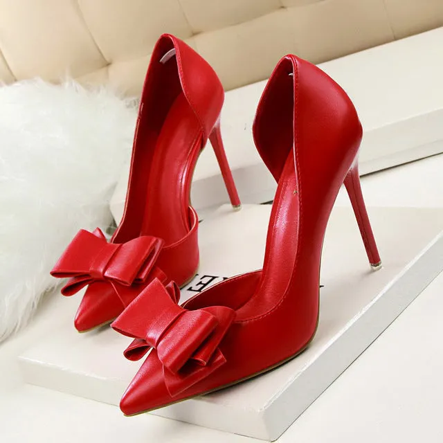 Women Pumps Leisure High Heels Fashion Butterfly knot Shoes Pointed Toe Wedding Shoes Bride Women Heels Shoes Pink White