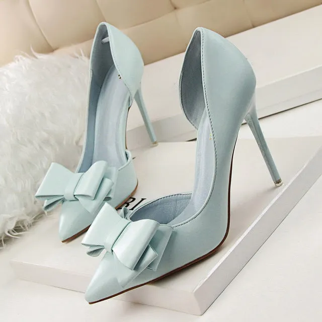 Women Pumps Leisure High Heels Fashion Butterfly knot Shoes Pointed Toe Wedding Shoes Bride Women Heels Shoes Pink White