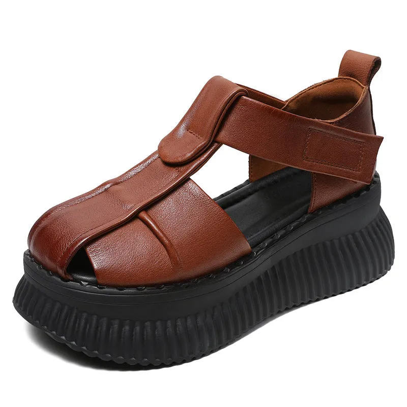 Women Retro Leather Casual Platform Sandals