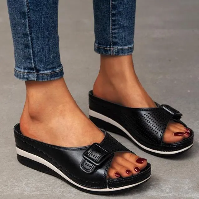 Women summer casual buckle strap peep toe wedge slides