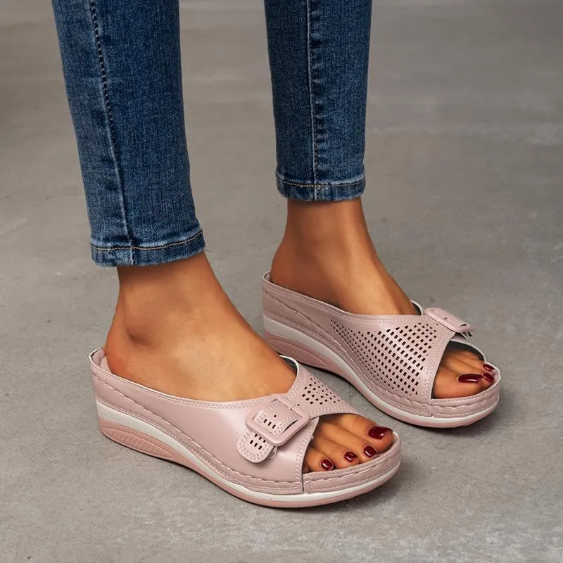 Women summer casual buckle strap peep toe wedge slides