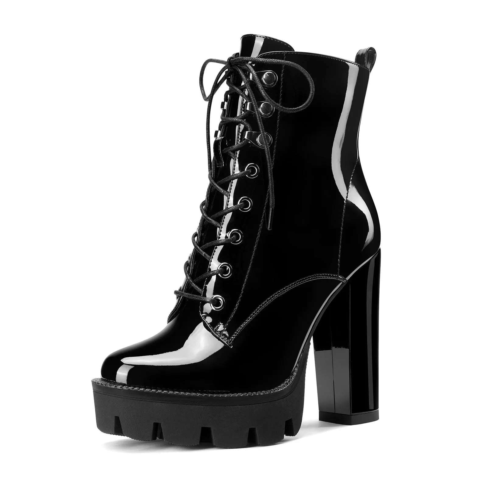 Women's Round-Toe High Heel Platform Ankle Boots with Zipper, 4.7-Inch Chunky Heels Short Boots, Adjustable Laces for Winter Shoes, Sexy Patent Leather Boot Comfortable Outdoor Footwear