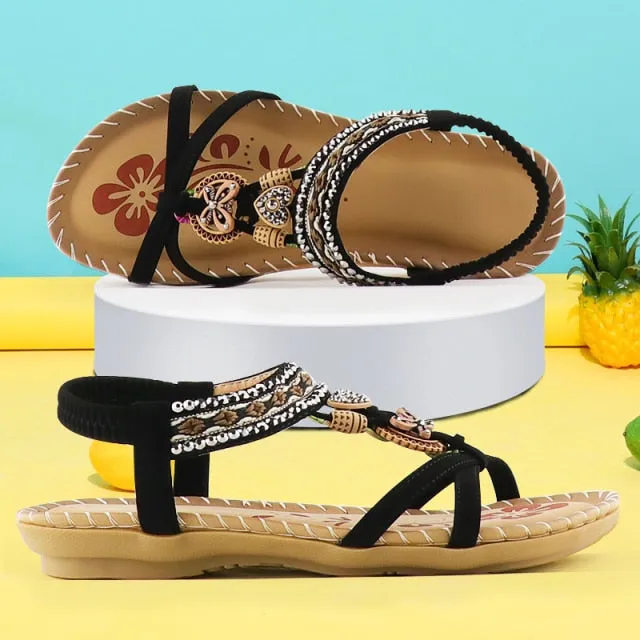 Women's Sandals Retro Fashion Flower Print Sewing Shoes Rhinestone Design Summer Sandals Soft Elastic Band Sandals Walking