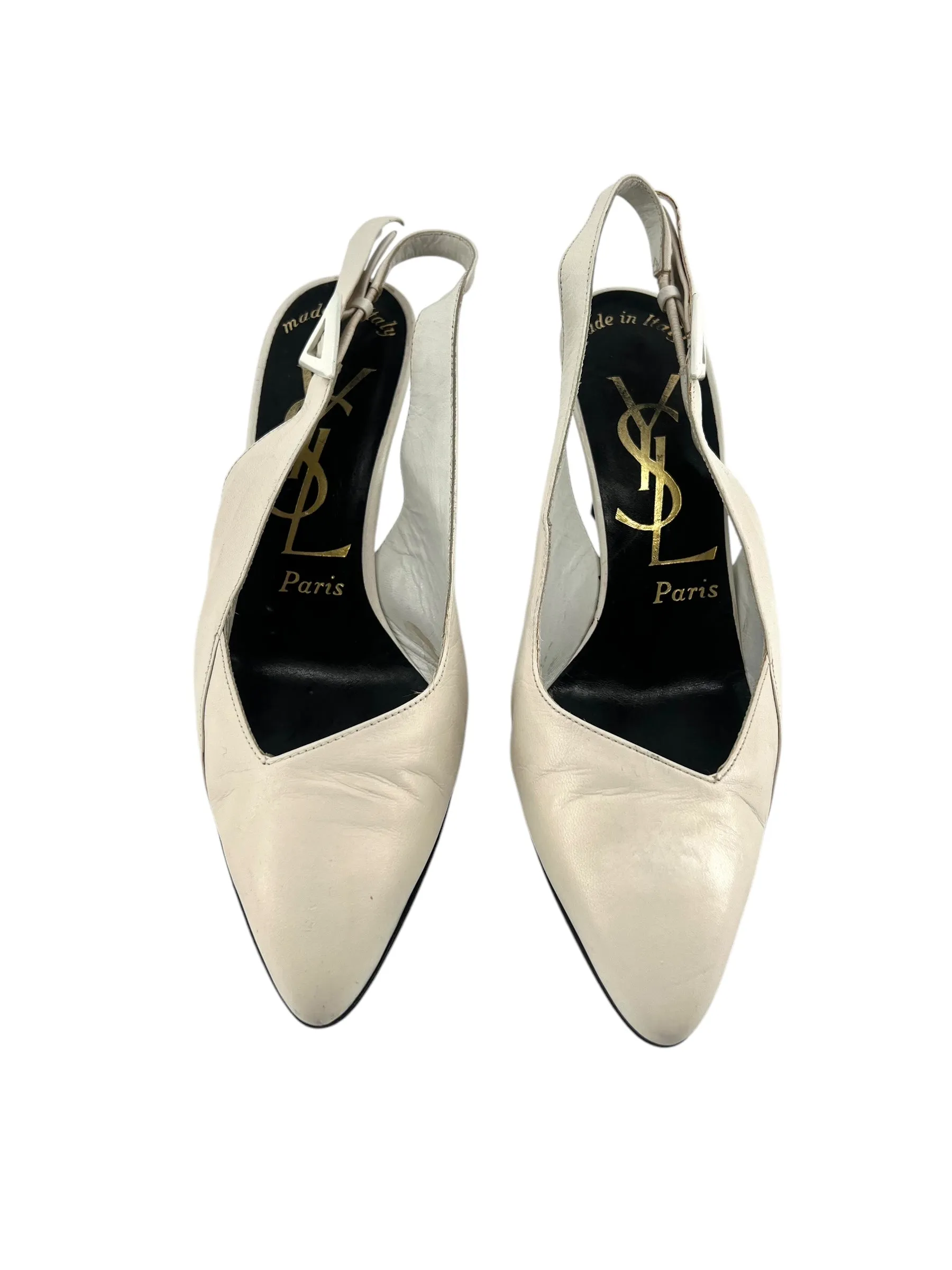 Yves Saint Laurent 1985 Deco Winged Eggshell White Slingback Heels